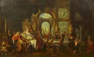 Follower of Sebastiano Conca, Italian (born c. 1676-1764) Oil on Canvas, Richly Appointed Interior Scene with Diners. Unsigned. Brass plate to frame. 