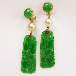 Pair of Vintage Chinese Carved and Reticulated Jade, Pearl and 14 Karat Yellow Gold Pendant Earrings. Signed 14K. Repair to one carved jade otherwise 