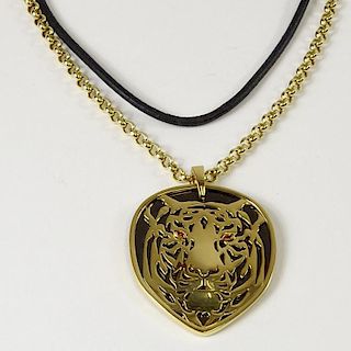 Men's Carrera Y Carrera 18 Karat Yellow Gold Tiger Pendant Necklace. Tiger with Cognac Diamond Eyes. Pendant signed AU750 AG925, chain signed Carrera 