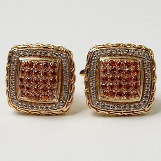 John Hardy Design Men's 18 Karat Rose Gold, Round Cut Diamond and Gem Quality Orange Sapphire Cufflinks. Diamonds E-F color, VS1 clarity. Signed. Very