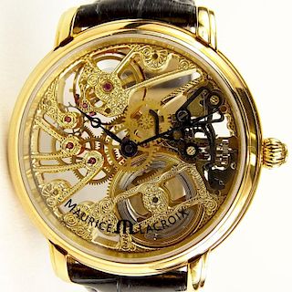 Men's Maurice Lacroix 18 Karat Yellow Gold Skeleton Watch with Box and Papers. Signed. Numbered MP7048 AL89559. Very good condition. Please note the G