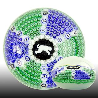 Baccarat Gridel white monkey paperweight. A Gridel white monkey silhouette cane is surrounded by alternating blue and green complex canes, separated b