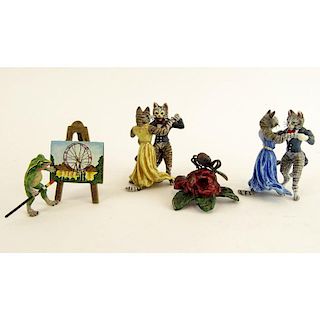 Lot of 6 Pieces Miscellaneous Miniature Cold Painted Vienna Bronzes. Includes 2 pair of dancing cats (unsigned), Frog artist and stick bug on a flower