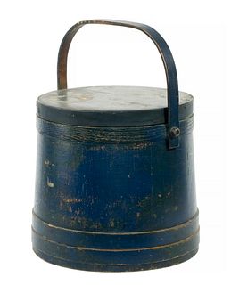 19TH C. BLUE PAINTED WOODEN FIRKIN