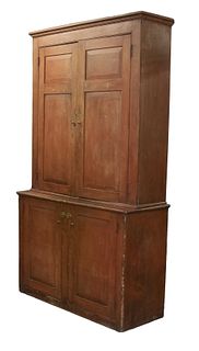 18TH C. TWO PART NEW ENGLAND RED PAINTED PINE CLOSED CUPBOARD