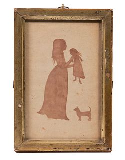 RARE SILHOUETTE OF GIRL WITH DOLL AND DOG, CIRCA 1820