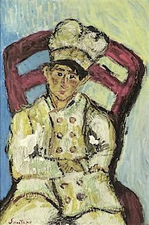 attributed to: Chaïm Soutine, Belarusian (1893-1943) Gouache on Board "Pastry Chef" Signed Lower Left Soutine. Good Condition. Measures 11 Inches by 