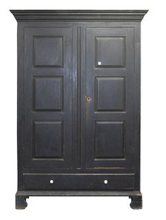 18TH C. COUNTRY CUPBOARD OR LINEN PRESS IN BLACK CASEIN PAINT