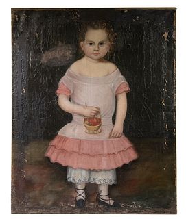 UNSIGNED AMERICAN FOLK ART FULL LENGTH PORTRAIT OF A GIRL, CIRCA 1840