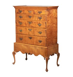 NEW ENGLAND COLONIAL RAMPANT CURLY MAPLE TALL CHEST ON SEPARATE 19TH C. STAND