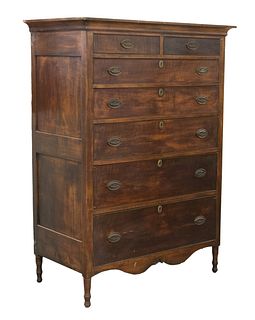 EARLY 19TH C. NEW ENGLAND TIGER MAPLE TALL CHEST ON SHERATON LEGS