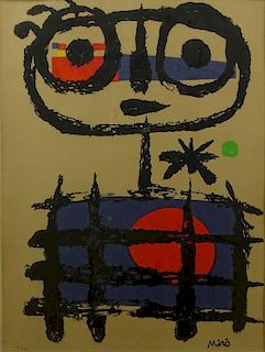 Joan Miro Color Lithograph. Signed in the print, numbered in pencil 135/350. Toning from age. Measures 24" x 18" (sight) Frame measures 31-1/4" x 25-1