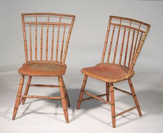 A PAIR OF 19TH C. SALMON PAINTED BIRD CAGE WINDSOR SIDE CHAIRS