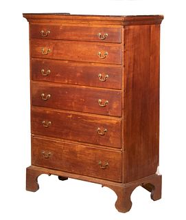 18TH C. RED PAINTED MAPLE SIX-DRAWER COUNTRY CHIPPENDALE CHEST