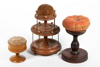 (3) SHAKER PINCUSHION STANDS, ONE WITH SPOOL HOLDER