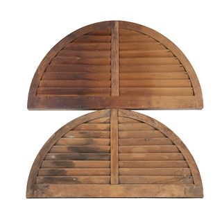 PAIR OF ARCHED TOP FIXED LOUVRED PINE WINDOW SCREEN TOPS