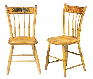 NEAR PAIR OF 19TH C. COUNTRY CHROME YELLOW PAINTED THUMB BACK SIDECHAIRS