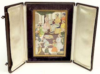 19th Century Indian Miniature Painting on Ivory Panel. Finely Painted Depicting a Seated Maharaja Attended by Courtiers, Officials and Servants. Frame
