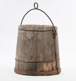 PAINTED WOODEN BUCKET WITH FORGED IRON BANDS