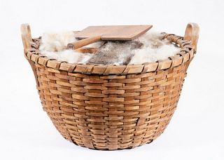 ANTIQUE SPLINT BASKET WITH UNCARDED WOOL & CARDING BRUSHES