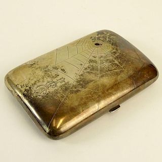 19/20th C German 800 Silver Chased Cigarette Case. Spider and web motif with sapphire and rubies inset as spider. Monogrammed. Gold vermiel interior. 