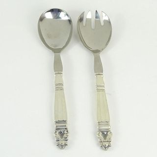 Georg Jensen Acorn Sterling Silver and Stainless 2 Piece Salad Serving Set. Signed appropriately. Good condition. Measures 10-1/4". Shipping $30.00