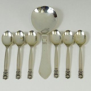 Six (6) Vintage Georg Jensen Sterling Silver Demitasse Spoons in the Acorn Pattern together with a Vintage Georg Jensen Hand Hammered Serving Spoon in