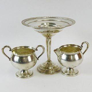 Vintage Sterling Silver Footed Compote together Sterling Silver Cream and Sugar. All with weighted bases. Signed Sterling. Dings and small creases to 
