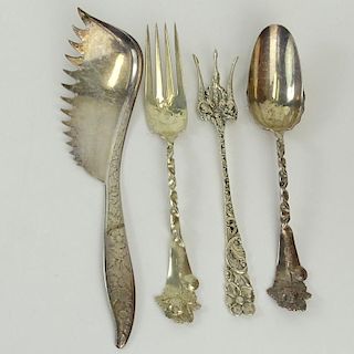 Lot of 4 Large Antique Sterling Silver Serving Pieces. Includes Fish? Server 10-1/2"; serving spoon & fork; lettuce? Fork. Various makers, all marked 
