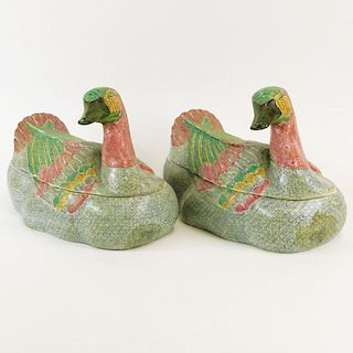 Pair 20th Century Chinese Porcelain Duck Form Covered Tureens. Unsigned. One with crack, the other in good condition. Measures 10" H x 14" L x 8-1/2" 
