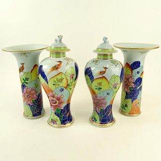 Collection of Four (4) Vintage Mottahedeh Porcelain Tobacco Leaf Vases. Includes a pair of covered baluster jars and a pair of cylinder with flared ri