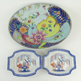 Lot of 3 Vintage Mottahedeh Porcelain Items. Includes a Tobacco Leaf oval tray, 16-1/2" x 13-1/4" as well as a pair of open candy dishes in MOT40 patt