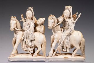 CHINESE QING CARVED IVORY PAIR OF WOMEN ON HORSES