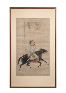 FRAMED CHINESE SILK PAINTING OF GENGHIS KHAN