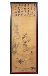 MING DYNASTY CHINESE FRAMED PAINTED LANDSCAPE SCROLL