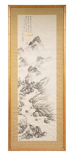 FRAMED CHINESE QING PAINTED SCROLL OF MOUNTAIN LANDSCAPE
