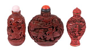 (3) 19TH C. CHINESE CINNABAR SNUFF BOTTLES (ONE OVER PORCELAIN)
