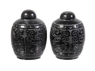 NEAR PAIR OF CHINESE CARVED SLATE GINGER JAR FORM SNUFF BOTTLES