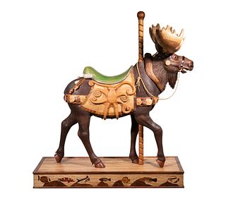 MAGNIFICENT CONTEMPORARY CAROUSEL FIGURE OF A MOOSE WITH A MARINE THEME, CARVED ENTIRELY FROM A WIDE RANGE OF HARDWOODS BY BOB HOLDEN, 2009