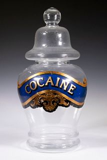 LARGE CLEAR GLASS APOTHECARY JAR WITH LID "COCAINE"