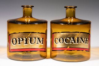 (PAIR) BROWN GLASS APOTHECARY JARS "COCAINE" & "OPIUM"