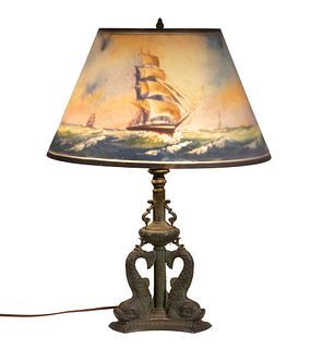PAIRPOINT DOLPHIN LAMP WITH PAINTED GLASS SHADE