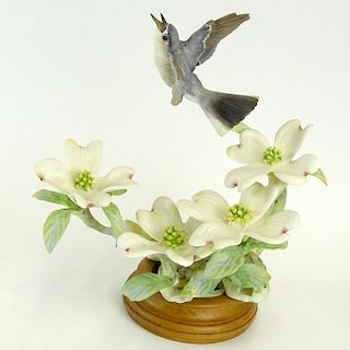 Dorothy Doughty Royal Worcester Porcelain Bird Group "Blue-Grey Gnatcatcher & Dogwood". On wood stand. Signed. Good condition. Measures 10-1/2" H. Shi