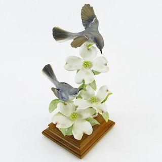 Dorothy Doughty Royal Worcester Porcelain Bird Group "Blue-Grey Gnatcatcher & Dogwood". On wood stand. Signed. Losses to leaves, restoration to top bi