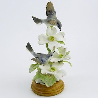 Dorothy Doughty Royal Worcester Porcelain Bird Group "Blue-Grey Gnatcatcher & Dogwood". On wood stand. Signed. Losses to leaves, restoration to top bi