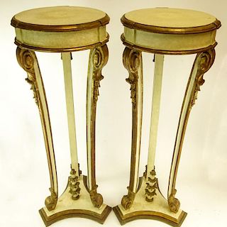 Pair of Early 20th Century probably Italian Carved Painted and Parcel Gilt Wood Pedestals. Unsigned. Minor rubbing, surface losses or in good conditio