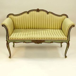 19/20th Century Venetian Style Carved, Painted and Parcel Gilt Wood Bench. Unsigned. Rubbing, minor surface losses. Measures 36-1/2" H x 51" L x 18-1/
