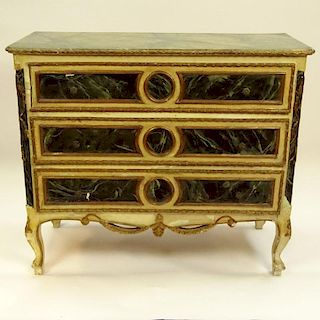 19/20th Century Probably Italian Faux Marble Painted and Parcel Gilt Three Drawer Commode. Unsigned. Distressed antique condition, rubbing, losses. Me