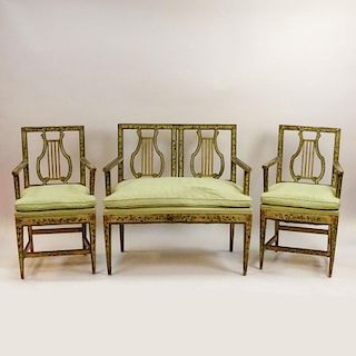 Three Piece 18/19th Century Probably Italian, Painted Lyre Back, Small Bench and 2 Arm Chairs. Unsigned. Wear, rubbing, surface losses consistent with