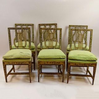 Set of 6 18/19th Century Probably Italian, Painted Lyre Back, side Chairs. Unsigned. Upholstery as is, Wear, rubbing, one with losses to foot due to i